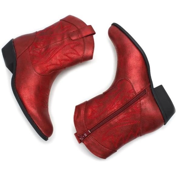 Women's Western Cowgirl Cowboy Ankle Boots, Metallic Red - Picture 5 of 6
